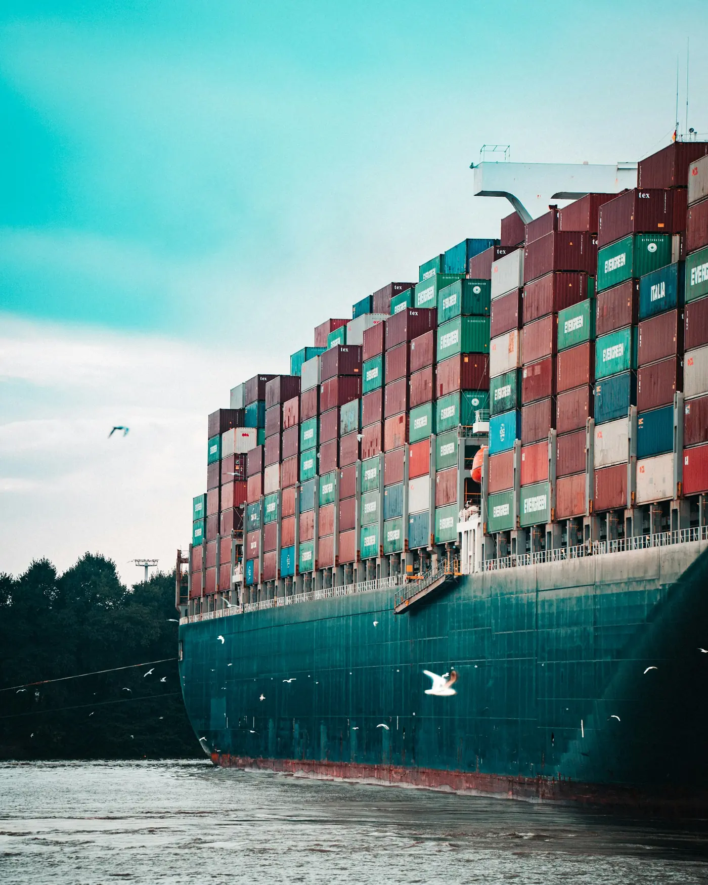 Fully loaded container ship under way at sea.